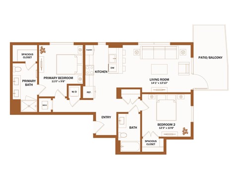 A floor plan of a house with a living room, two bedrooms, a kitchen, and a bathroom.